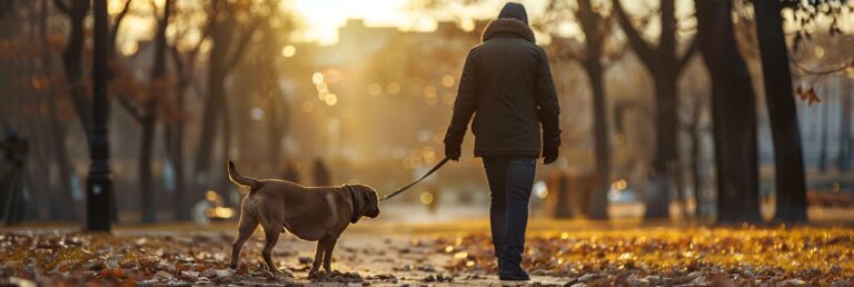Herrchen geht mit Hund Gassi